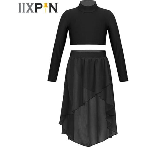 Kids Girls Long Sleeve Crop Top with Chiffon Skirt Kid Dance Ballet Tutu Dress Professional Ballerina Costume