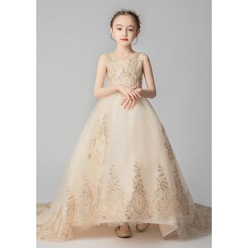 Long Trailing Sequin Tulle Flower Girl Dress Christening Gown For Party Wedding Children Pageant Gown Girls Princess Clothes
