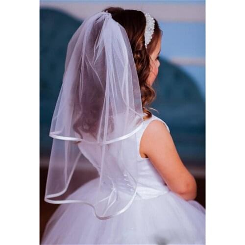 White Ivory Wedding Flower Girls First communion Veils With Comb Satin Edge Cute Children Kids Veils Voile Fille velo de Novia