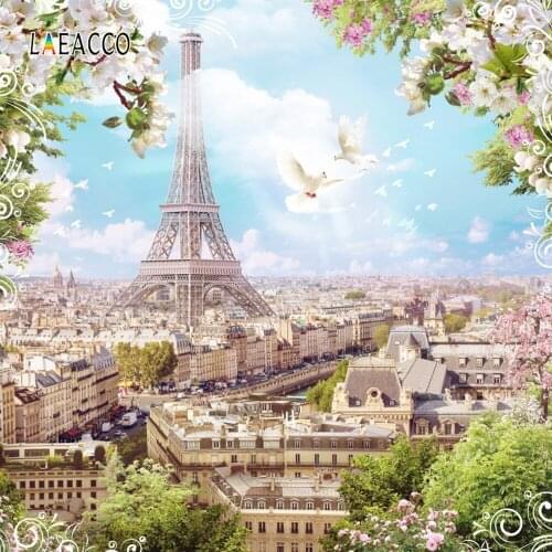 Laeacco Paris Eiffel Towel Blossom Trees City Buildings Photo Backgrounds Photography Backdrops Baby Portrait Photophone Props