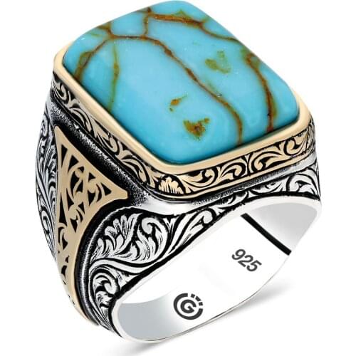 Solid 925 Sterling Silver Ring with Raw Rectangle Blue Turquoise Gemstone and Vintage Style Made in Turkey Gift for Men