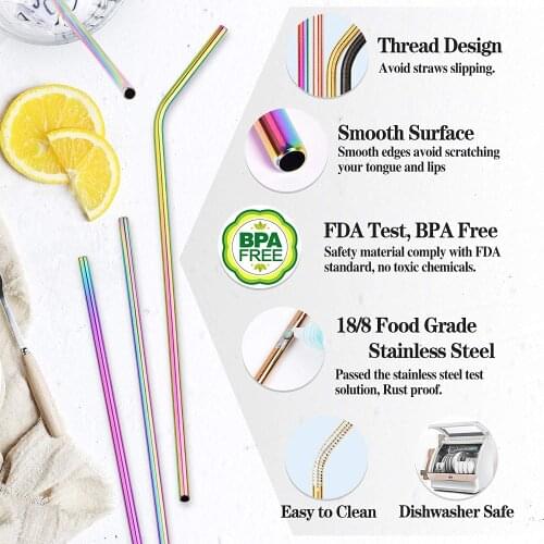 Reusable 304 Stainless Steel Drinking Straw Colorful Metal Straw with Cleaner Brush for Mugs Home Party Bar Drinking Accessory