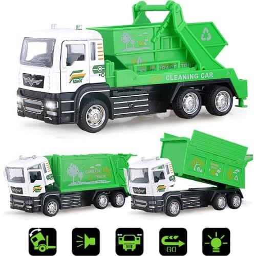 1:52 Alloy Diecast Sanitation Vehicle Model Pull Back Garbage Truck with Sound Light Car Toy Birthday Gift for Boy Children Y159
