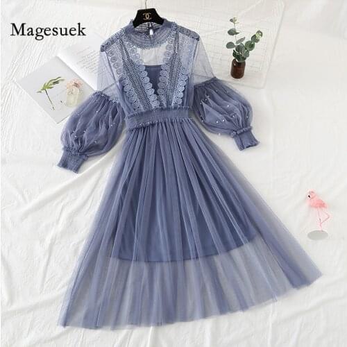 New Lace Mesh Summer Dress Women Lantern Sleeve Casual Female Dress Hollow Crochet Embroidery Party Dress Vestidos Robe 13418