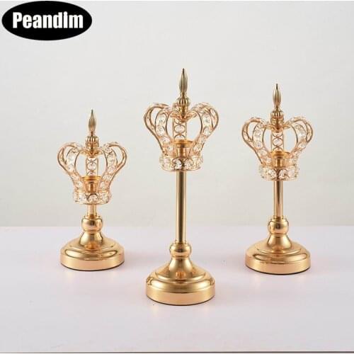 PEANDIM Crystal Candle Holder Gold Crown Shape Stand Wedding Candelabros Table Centerpieces Christmas Home Decor Candlestick