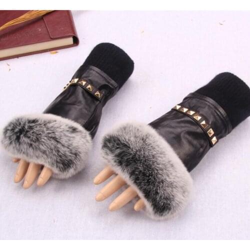Womens winter genuine leather rabbit fur gloves ladys thicken warm fingerless leather rivet glove winter driving glove R294