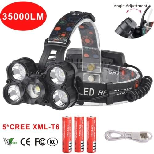 35000lm LED Head Lamp Zoomable Headlamp 5 leds XM-L T6 Headlight Rechargeable lampe frontale +18650 Batteries