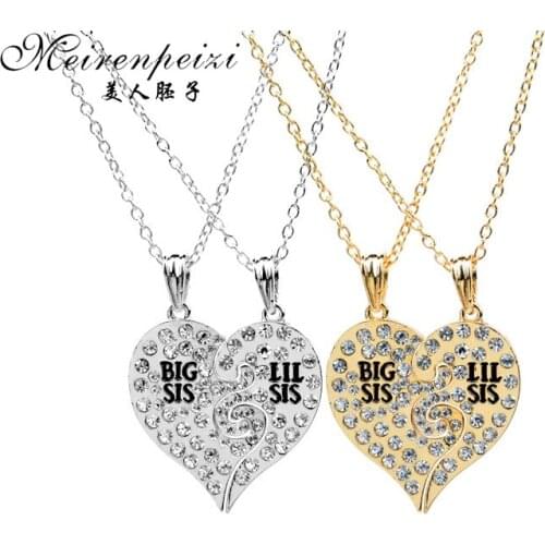 Family Bar Full Crystal Heart Necklace Set of 2 Engrave Big Sister Little Sister Customized Pendant Necklace Birthday Gifts