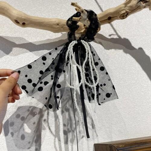 Korean version of mesh wave dots fringed pearls long tail bow folds large intestine hair circle elegant temperament hair circle