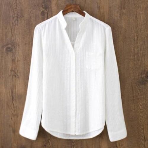 Excellent Quality Pure Cotton White Blouse Women Elegant Vintage V-Neck Long Sleeve Shirt Woman Streetwear Casual Blusas Tops