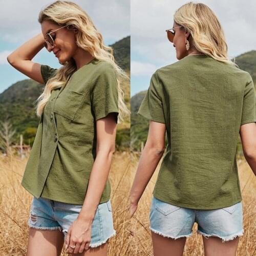 Womens Diagonal Button Short-Sleeved T-Shirt Blouse Green