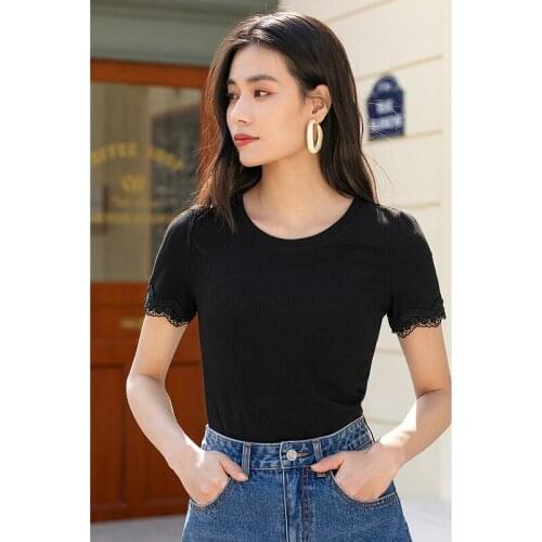 INMAN Artsy Elegant Style T-Shirt Lady Minimal Design Koran Black Summer Round Collar Short Lace Patchwork Sleeve Basic Tee Tops