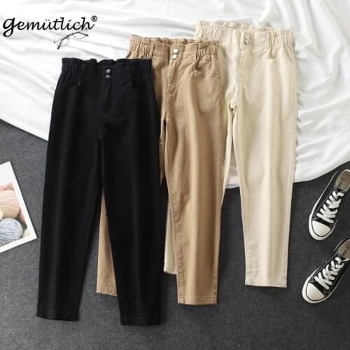 GEMUTLICH Plus Size Denim Pants Women High Waist Ruffles Casual Harem Loose Ankle-Length New Arrival Beige Pants Autumn