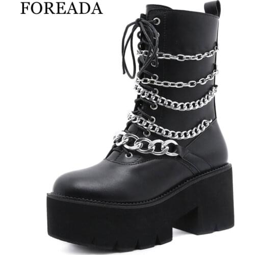 FOREADA Woman Motorcycle Boots Autumn Chain Platform Thick Heel Shoes High Heel Round Toe Zipper Ladies Med Calf Boots 42 Black