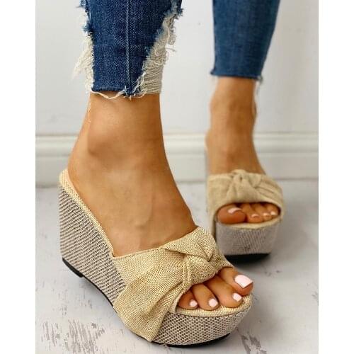 Bow Tied Slip on Leisure Platform Summer Sandals Wedges High Heels Women Shoes Woman Mules Flip Flops