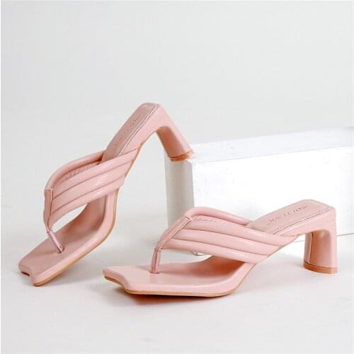 2021 Summer Flip Flops Comfort Slides Women 5cm High Heels Pink Mules Casual Kitten Block Low Heels Slippers Sexy Platform Shoes