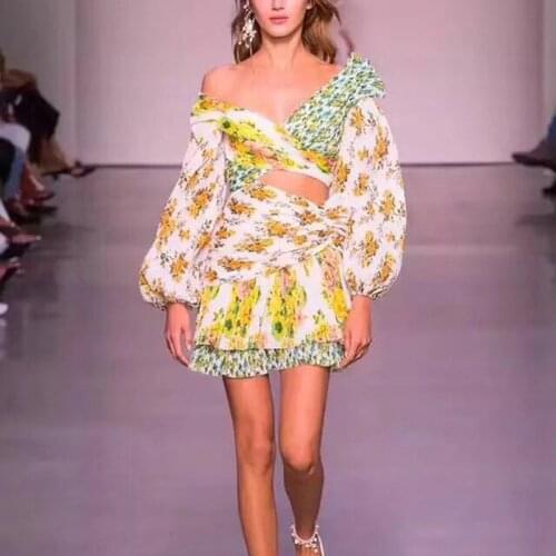 High Quality 2018 Autumn Long Sleeve Patchwork Hollow Out Off The Shoulder Women Mini Dress