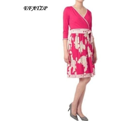 New Fashion 2017 spring summer Designer Luxury Womens Red Flowers Print 3/4 sleeve Plus Size XXL Stretch Jersey Silk Dress