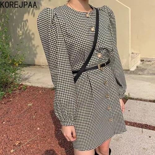 Korejpaa Women Dress 2021 Autumn French Retro Elegant Round Neck Contrast Checkered Chic Single-Breasted Lace-Up Belt Vestidos