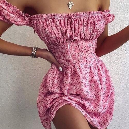 Y2k Pink Floral Dress Women Sexy Off Shoulder High Waist A-line Print Dresses 2021 Summer Seaside Resort Style Casual Vestidos