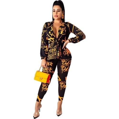 HAOOHU Winter Womens set long sleeve Letter print Tie up shirt top pencil pants suit two piece set elegant tracksuit outfit