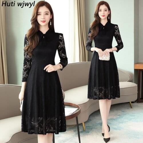 2021 Vintage Black Lace Midi Dresses Autumn Winter Plus Size Solid Sexy Long Sleeve Dress Elegant Women Bodycon Party Vestidos