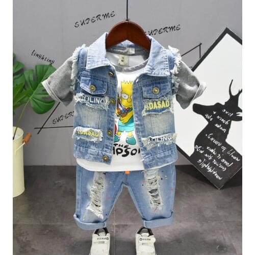 Kids Tracksuit Casual Cartoon Print T-shirt Denim Vest Shorts 3pcs Sport Suit for Boy 2 3 4 5 6 Years Toddler Kids Clothing Sets