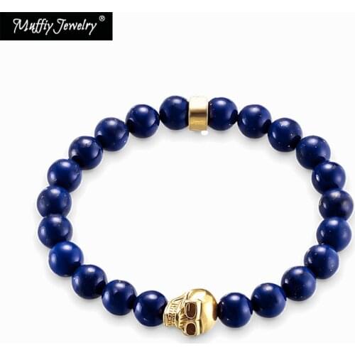Skull Bead & 8mm Lapis Lazuli Beads Bracelet,Europe Style Good Karma Jewelry For Women,2018 Fashion Gift In Silver,Super Deals