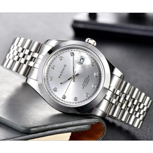PARNIS 40mm silver dial 21 jewels Automatic Self-Wind mechanical movement mens watch sapphire glass Mechanical watches GR115
