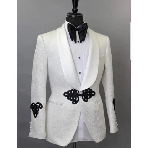 Floral Jacquard Wedding Suits for Men with Buttons 2 Piece Slim Fit Groom Tuxedo Male White Jacket with Black Pants 2021