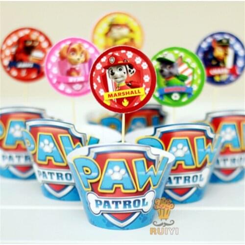 Children Paw Patrol Cartoon Figures Cup Cake Baking Rim Inserted Card Packaging Paper Cups Dessert Decoration Dog Party Supplies