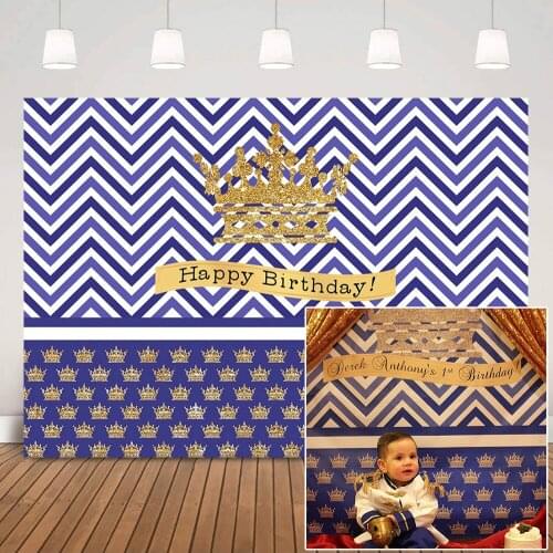 Royal Prince Happy Birthday Party Background Decorations Golden Crown Blue Stripes Boy Birthday Cake Smash Backdrop Photo Shoot