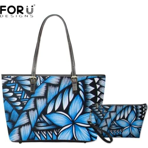FORUDESIGNS Plumeria Polynesian Pattern 2pcs/set PU Handbags Fashion Women Brand Designer Shoulder Bags Large Capacity Purses