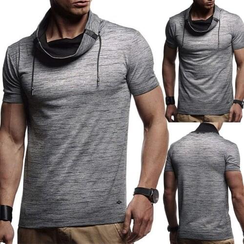 Mens Clothing Trend Casual Slim Men Sporty Short Sleeve Color Block Turtle Neck T-shirt Drawstring Slim Blouse