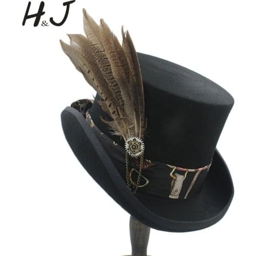 17CM(6.7inch) Steampunk Top Hat / Victorian Handmade Leather Wool Fedoras Hat / Cylinder Hat/ Chimne Hat Dropshipping