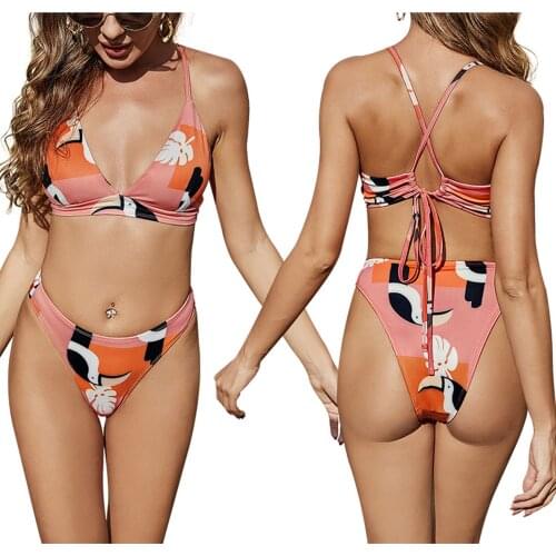 Hirigin New Women Sexy Two-piece Swimwear Set Printed Pattern Deep V-neck Halter Cross Tie Bikini Tops and High Waist Thong