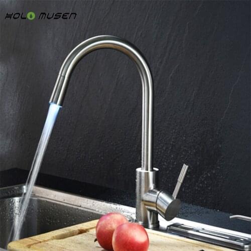 Quality Brushed Nickel Lead Free 304 Stainless Steel Kitchen Tap Mixer Hot Cold Water LED Kitchen Faucet