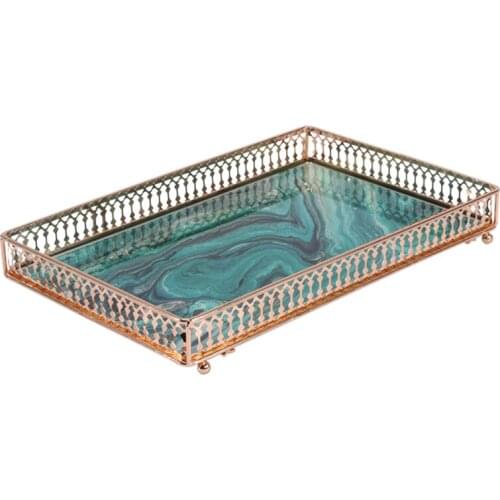 Square Trays Decorative Marble Agate Texture Tempered Glass Mirror Skincare Storage Jewelry Plate Coffee Table Bathroom Tray