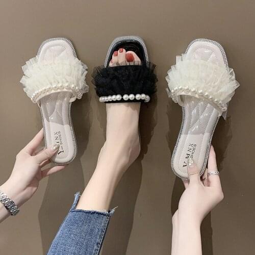 Fashion Women Slippers Outer Wear 2020 Mesh (Air mesh) Solid String Bead Wedges Slides Non-slip Tassel Low 1cm-3cm High Quality