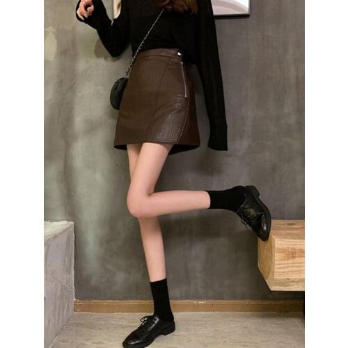 2021 spring new all-match high-waisted thin bag hip PU leather skirt a-line skirt DQ1328