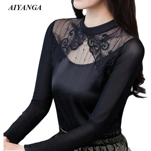 New Autumn Sexy T-shirts Women 2018 perspective Mesh Lace T Shirt Ladies Elegant Slim Elasticity Long Sleeve T-shirt Top Female