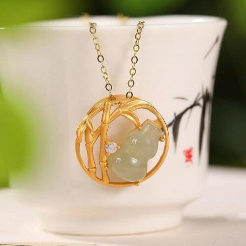 Original S925 Sterling Silver Gold Plated Natural Hetian Jade Gray Jade Ancient Style Chinese Style Creative Bamboo Leaf Gourd L