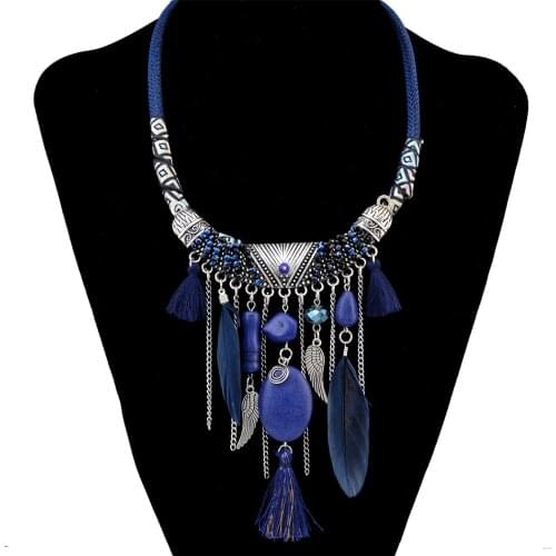 Necklace 2 Colors Bohemian Fashion Statement Rope Leather Chain Resin Beads Natural Stone Feather Tassel Necklace Ladies Jewelry