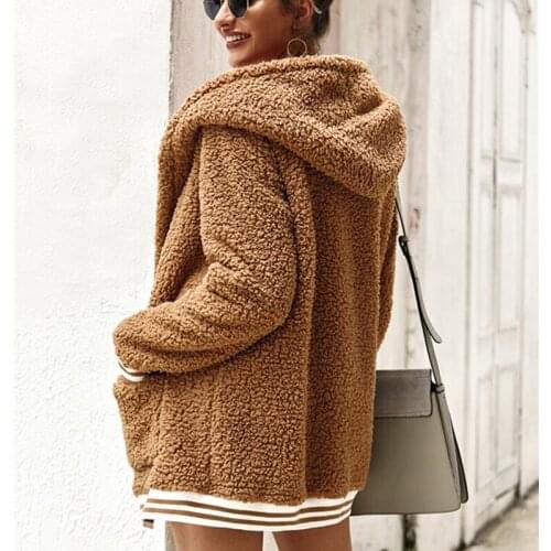 Faux Fur Coat Women Hooded Winter Casual Teddy Coat Autumn Pockets Plus Size Fur Jacket Fleece Fluffy Overcoat Outwear