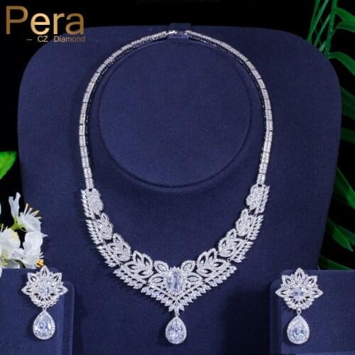 Pera Luxury Brand Design Big Statement Long Dangle Drop Pendant Necklace and Earrings Set for Bridal Wedding Party Jewelry J015