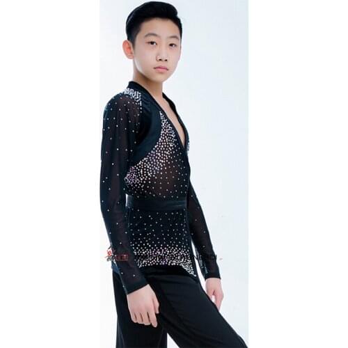 Professional Children Boys Latin Dance Tops Rhinestone Long Sleeves Ballroom Samba Tango Stage Dancing Performance Shirt DL4050