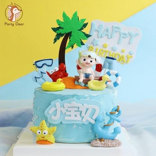Summer Joy Sea Starfish Crab CoconutTree Diving Beach Swimming Boy Happy Birthday Cake Topper Kid Party Supplies Cake Decorating