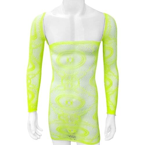 Sexy See Through Hollow Out Floral Bodycon Dress Mens Long Sleeve Off-The-Shoulder Mini Mesh Sheath Dress Backless Clothes