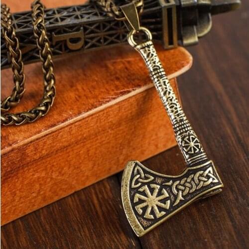 Vintage Kolovrat Axe Pendant Nordic Viking Talisman Runes Wicca Mens Necklace