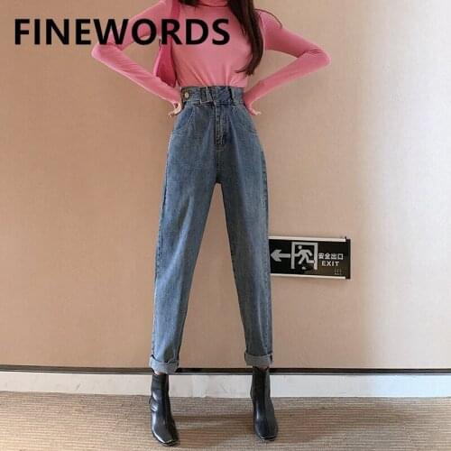 FINEWORDS Harem Boyfriend High Waist Jeans With Belt Korean Classic Blue Ladies Jeans 2020 Autumn Winter Jean Taille Haute Femme